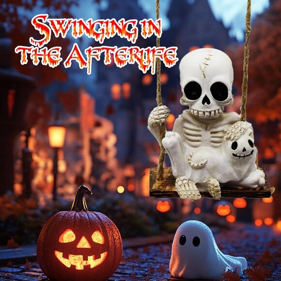 White Mini Resin Swing Skeleton Holding Ghost Cat Statue (3.1in) Halloween Decor - Picture 4 of 7